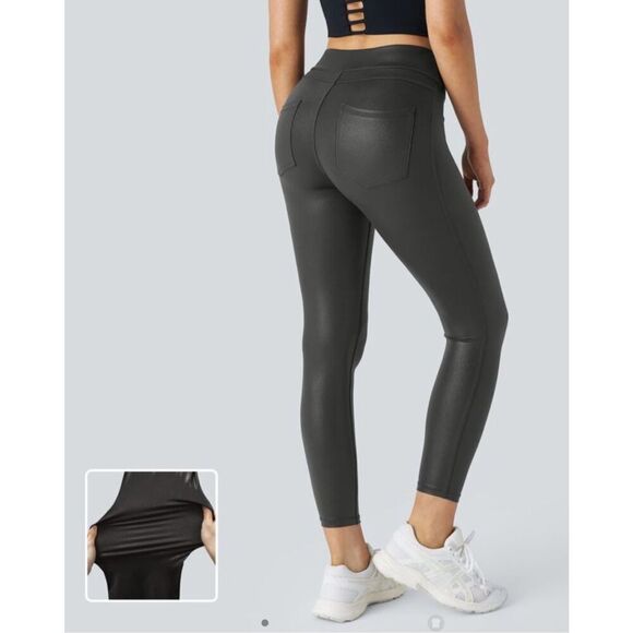 Halara Faux Leather High Waisted Back Side Pocket Work Leggings size small m3 - Picture 1 of 8